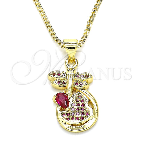 Oro Laminado Pendant Necklace, Gold Filled Style Dragon-Fly and Heart Design, with Ruby Micro Pave, Polished, Golden Finish, 04.156.0330.1.20 (02 MM Thickness, 20 Inches Length)