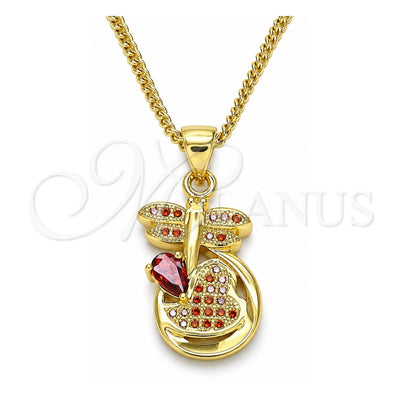 Oro Laminado Pendant Necklace, Gold Filled Style Dragon-Fly and Heart Design, with Garnet Micro Pave, Polished, Golden Finish, 04.156.0330.2.20 (02 MM Thickness, 20 Inches Length)