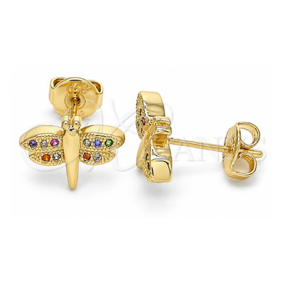 Oro Laminado Stud Earring, Gold Filled Style Dragon-Fly Design, with Multicolor Micro Pave, Polished, Golden Finish, 02.156.0470.3