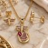 Oro Laminado Earring and Pendant Adult Set, Gold Filled Style Dragon-Fly and Heart Design, with Ruby Micro Pave, Polished, Golden Finish, 10.156.0270.1