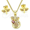 Oro Laminado Earring and Pendant Adult Set, Gold Filled Style Dragon-Fly Design, with Garnet Micro Pave, Polished, Golden Finish, 10.156.0270.2