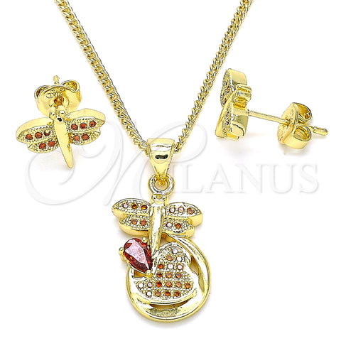 Oro Laminado Earring and Pendant Adult Set, Gold Filled Style Dragon-Fly Design, with Garnet Micro Pave, Polished, Golden Finish, 10.156.0270.2