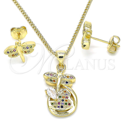 Oro Laminado Earring and Pendant Adult Set, Gold Filled Style Dragon-Fly and Heart Design, with Multicolor for wholesale, main product view
