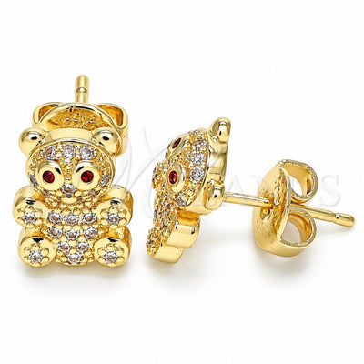 Oro Laminado Stud Earring, Gold Filled Style Teddy Bear Design, with Garnet and White Micro Pave, Polished, Golden Finish, 02.156.0471