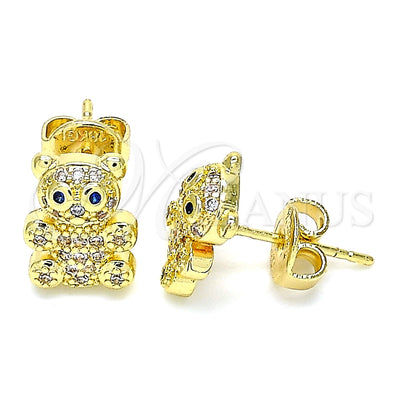 Oro Laminado Stud Earring, Gold Filled Style Teddy Bear Design, with Sapphire Blue and White Micro Pave for wholesale, main product view