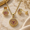 Oro Laminado Earring and Pendant Adult Set, Gold Filled Style Heart Design, with Ruby Micro Pave, Polished, Golden Finish, 10.156.0170.2