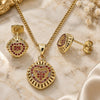 Oro Laminado Earring and Pendant Adult Set, Gold Filled Style Heart Design, with Garnet Micro Pave, Polished, Golden Finish, 10.156.0170.3