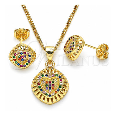 Oro Laminado Earring and Pendant Adult Set, Gold Filled Style Heart Design, with Multicolor Micro Pave, Polished, Golden Finish, 10.156.0170.4