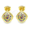Oro Laminado Stud Earring, Gold Filled Style Heart Design, with Multicolor Micro Pave, Polished, Golden Finish, 02.156.0472.3