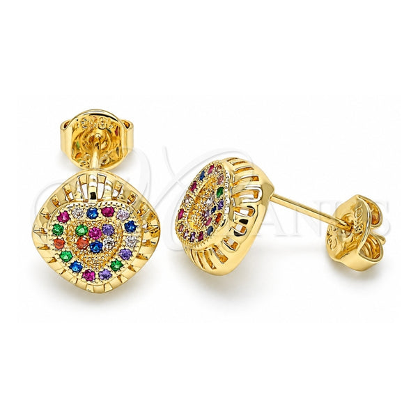 Oro Laminado Stud Earring, Gold Filled Style Heart Design, with Multicolor Micro Pave, Polished, Golden Finish, 02.156.0472.3