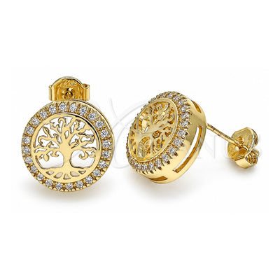 Oro Laminado Stud Earring, Gold Filled Style Tree Design, with White Micro Pave, Polished, Golden Finish, 02.156.0473