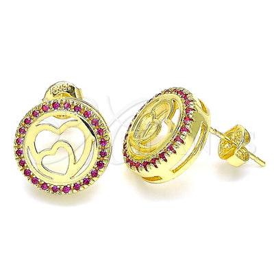 Oro Laminado Stud Earring, Gold Filled Style Heart Design, with Ruby Micro Pave, Polished, Golden Finish for wholesale, main product view