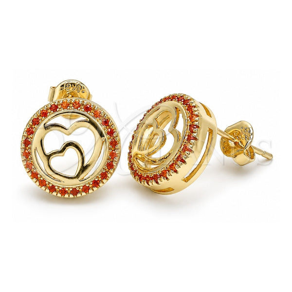 Oro Laminado Stud Earring, Gold Filled Style Heart Design, with Garnet Micro Pave, Polished, Golden Finish, 02.156.0474.2
