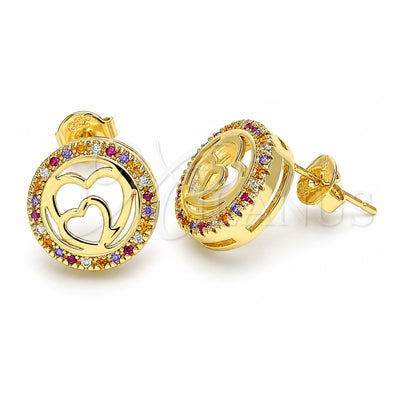 Oro Laminado Stud Earring, Gold Filled Style Heart Design, with Multicolor Micro Pave, Polished, Golden Finish, 02.156.0474.3