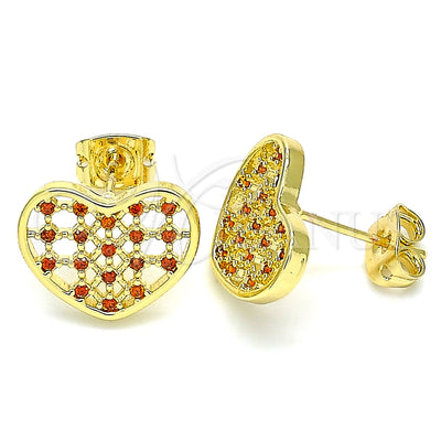 Oro Laminado Stud Earring, Gold Filled Style Heart Design, with Garnet Micro Pave, Polished, Golden Finish for wholesale, main product view