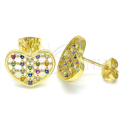 Oro Laminado Stud Earring, Gold Filled Style Heart Design, with Multicolor Micro Pave, Polished, Golden Finish for wholesale, main product view