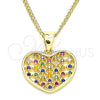 Oro Laminado Pendant Necklace, Gold Filled Style Heart Design, with Multicolor Micro Pave, Polished, Golden Finish, 04.156.0336.3.20 (02 MM Thickness, 20 Inches Length)