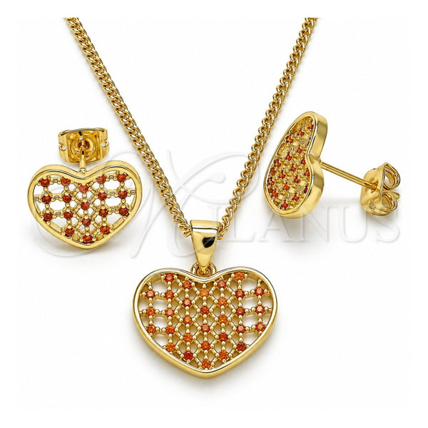 Oro Laminado Earring and Pendant Adult Set, Gold Filled Style Heart Design, with Garnet Micro Pave, Polished, Golden Finish, 10.156.0274.2