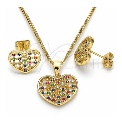 Oro Laminado Earring and Pendant Adult Set, Gold Filled Style Heart Design, with Multicolor Micro Pave, Polished, Golden Finish, 10.156.0274.3
