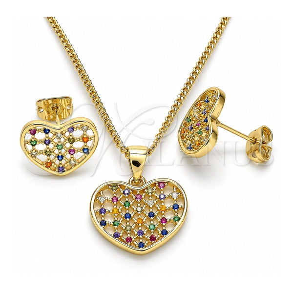Oro Laminado Earring and Pendant Adult Set, Gold Filled Style Heart Design, with Multicolor Micro Pave, Polished, Golden Finish, 10.156.0274.3
