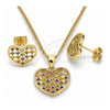 Oro Laminado Earring and Pendant Adult Set, Gold Filled Style Heart Design, with Multicolor Micro Pave, Polished, Golden Finish, 10.156.0274.3