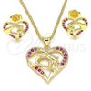 Oro Laminado Earring and Pendant Adult Set, Gold Filled Style Heart and Hand Design, with Ruby Micro Pave, Polished, Golden Finish, 10.156.0275.1