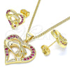 Oro Laminado Earring and Pendant Adult Set, Gold Filled Style Heart and Hand Design, with Ruby Micro Pave, Polished, Golden Finish, 10.156.0275.1