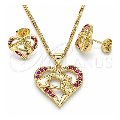 Oro Laminado Earring and Pendant Adult Set, Gold Filled Style Heart and Hand Design, with Ruby Micro Pave, Polished, Golden Finish, 10.156.0275.1