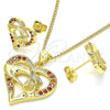 Oro Laminado Earring and Pendant Adult Set, Gold Filled Style Heart and Hand Design, with Garnet Micro Pave, Polished, Golden Finish, 10.156.0275.2