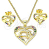 Oro Laminado Earring and Pendant Adult Set, Gold Filled Style Heart and Hand Design, with Multicolor Micro Pave, Polished, Golden Finish, 10.156.0275.3