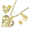 Oro Laminado Earring and Pendant Adult Set, Gold Filled Style Heart and Hand Design, with Multicolor Micro Pave, Polished, Golden Finish, 10.156.0275.3