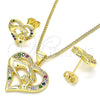 Oro Laminado Earring and Pendant Adult Set, Gold Filled Style Heart and Hand Design, with Multicolor Micro Pave, Polished, Golden Finish, 10.156.0275.3