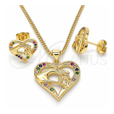 Oro Laminado Earring and Pendant Adult Set, Gold Filled Style Heart and Hand Design, with Multicolor Micro Pave, Polished, Golden Finish, 10.156.0275.3