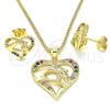 Oro Laminado Earring and Pendant Adult Set, Gold Filled Style Heart and Hand Design, with Multicolor Micro Pave, Polished, Golden Finish, 10.156.0275.3