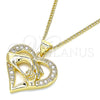 Oro Laminado Pendant Necklace, Gold Filled Style Heart and Hand Design, with White Micro Pave, Polished, Golden Finish, 04.156.0337.20 (02 MM Thickness, 20 Inches Length)