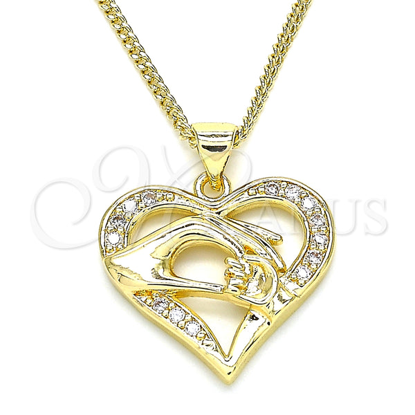 Oro Laminado Pendant Necklace, Gold Filled Style Heart and Hand Design, with White Micro Pave, Polished, Golden Finish, 04.156.0337.20 (02 MM Thickness, 20 Inches Length)