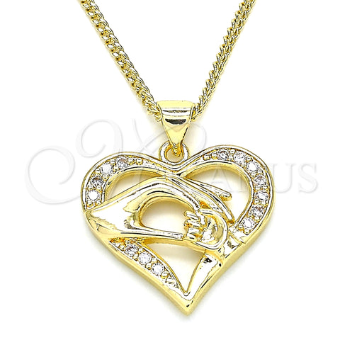 Oro Laminado Pendant Necklace, Gold Filled Style Heart and Hand Design, with White Micro Pave, Polished, Golden Finish, 04.156.0337.20 (02 MM Thickness, 20 Inches Length)