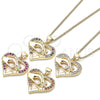 Oro Laminado Pendant Necklace, Gold Filled Style Heart and Hand Design, with White Micro Pave, Polished, Golden Finish, 04.156.0337.20 (02 MM Thickness, 20 Inches Length)