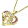 Oro Laminado Pendant Necklace, Gold Filled Style Heart and Hand Design, with Ruby Micro Pave, Polished, Golden Finish, 04.156.0337.1.20 (02 MM Thickness, 20 Inches Length)