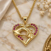 Oro Laminado Pendant Necklace, Gold Filled Style Heart and Hand Design, with Ruby Micro Pave, Polished, Golden Finish, 04.156.0337.1.20 (02 MM Thickness, 20 Inches Length)