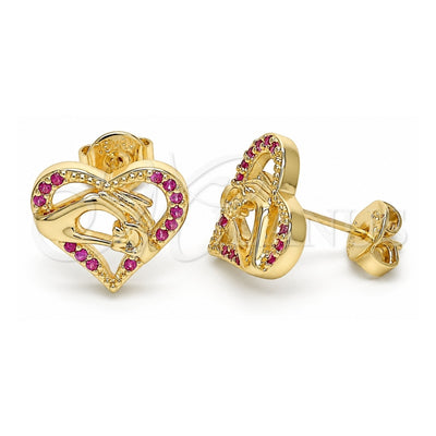 Oro Laminado Stud Earring, Gold Filled Style Heart and Hand Design, with Ruby Micro Pave, Polished, Golden Finish, 02.156.0390.1