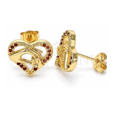 Oro Laminado Stud Earring, Gold Filled Style Heart and Hand Design, with Garnet Micro Pave, Polished, Golden Finish, 02.156.0390.2