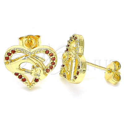 Oro Laminado Stud Earring, Gold Filled Style Heart and Hand Design, with Garnet Micro Pave, Polished, Golden for wholesale, main product view