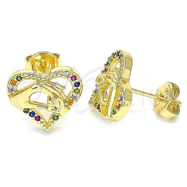 Oro Laminado Stud Earring, Gold Filled Style Heart and Hand Design, with Multicolor Micro Pave, Polished, Golden Finish, 02.156.0390.3