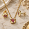 Oro Laminado Earring and Pendant Adult Set, Gold Filled Style with Ruby Micro Pave, Polished, Golden Finish, 10.156.0276.1