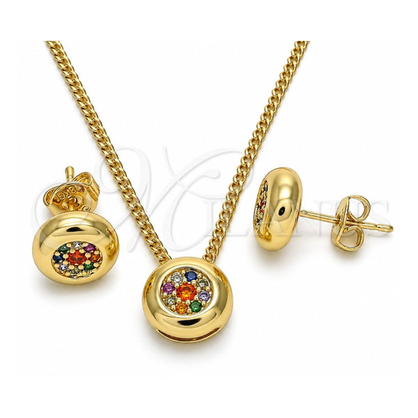 Oro Laminado Earring and Pendant Adult Set, Gold Filled Style with Multicolor Micro Pave, Polished, Golden Finish, 10.156.0276.3