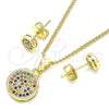 Oro Laminado Earring and Pendant Adult Set, Gold Filled Style with Multicolor Micro Pave, Polished, Golden Finish, 10.156.0277.3