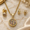 Oro Laminado Earring and Pendant Adult Set, Gold Filled Style with Multicolor Micro Pave, Polished, Golden Finish, 10.156.0277.3