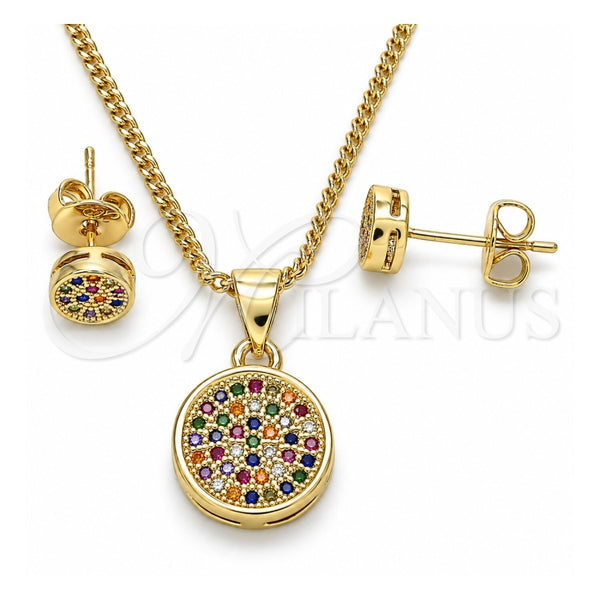 Oro Laminado Earring and Pendant Adult Set, Gold Filled Style with Multicolor Micro Pave, Polished, Golden Finish, 10.156.0277.3