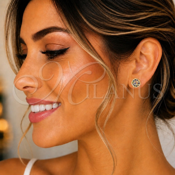 Oro Laminado Stud Earring, Gold Filled Style with Multicolor Micro Pave, Polished, Golden Finish, 02.156.0478.3